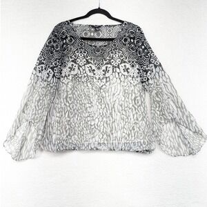 Alfani Women's Blouse L Large Sheer Black White‎ Print Long Sleeve Top